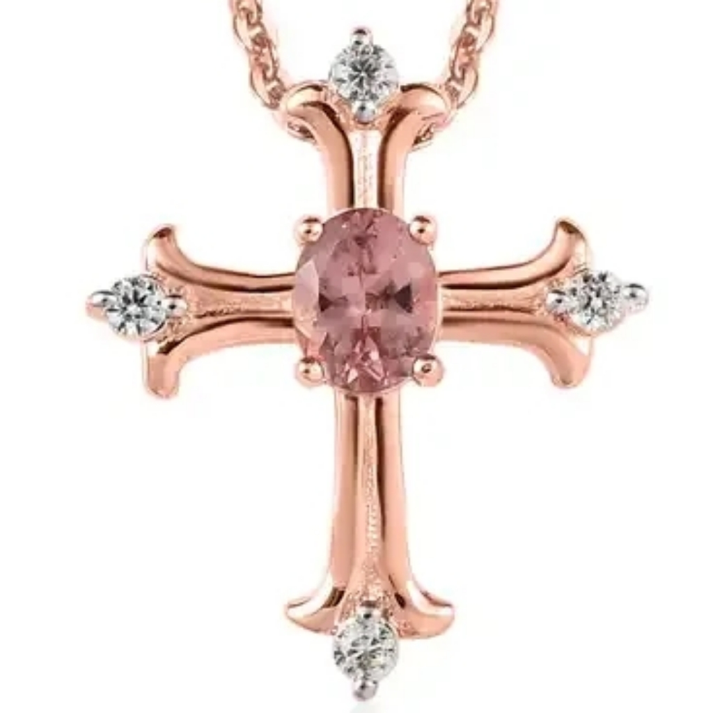 Red Rose Apatite And White Zircon Cross Pendant Necklace Vermeil Rose Gold O/Ss